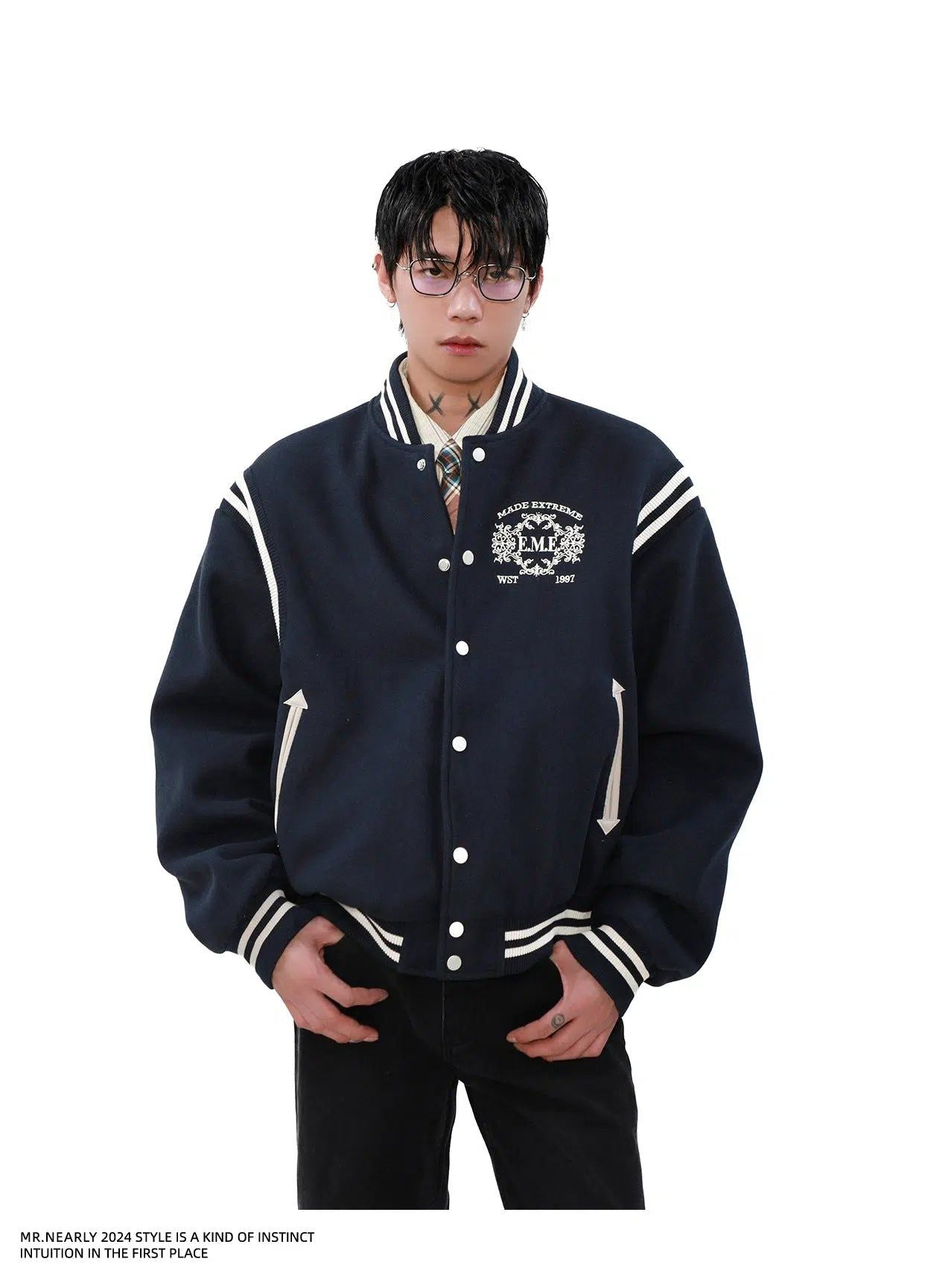 Logo Embroidery Varsity Jacket Korean Street Fashion Jacket By Mr Nearly Shop Online at OH Vault