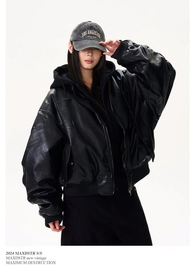 Layered PU Leather Bomber Hooded Jacket Korean Street Fashion Jacket By MaxDstr Shop Online at OH Vault