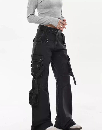 Washed Buckled Strap Cargo Pants Korean Street Fashion Pants By Blacklists Shop Online at OH Vault