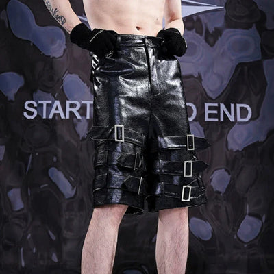 Multi-Buckled Sleek PU Leather Shorts Korean Street Fashion Shorts By Slim Black Shop Online at OH Vault