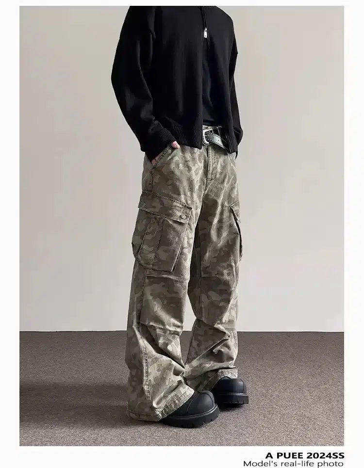 Pleated Flared Camo Cargo Pants Korean Street Fashion Pants By A PUEE Shop Online at OH Vault