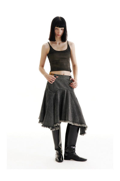 Asymmetric Frayed Hem Denim Skirt Korean Street Fashion Skirt By Conp Conp Shop Online at OH Vault