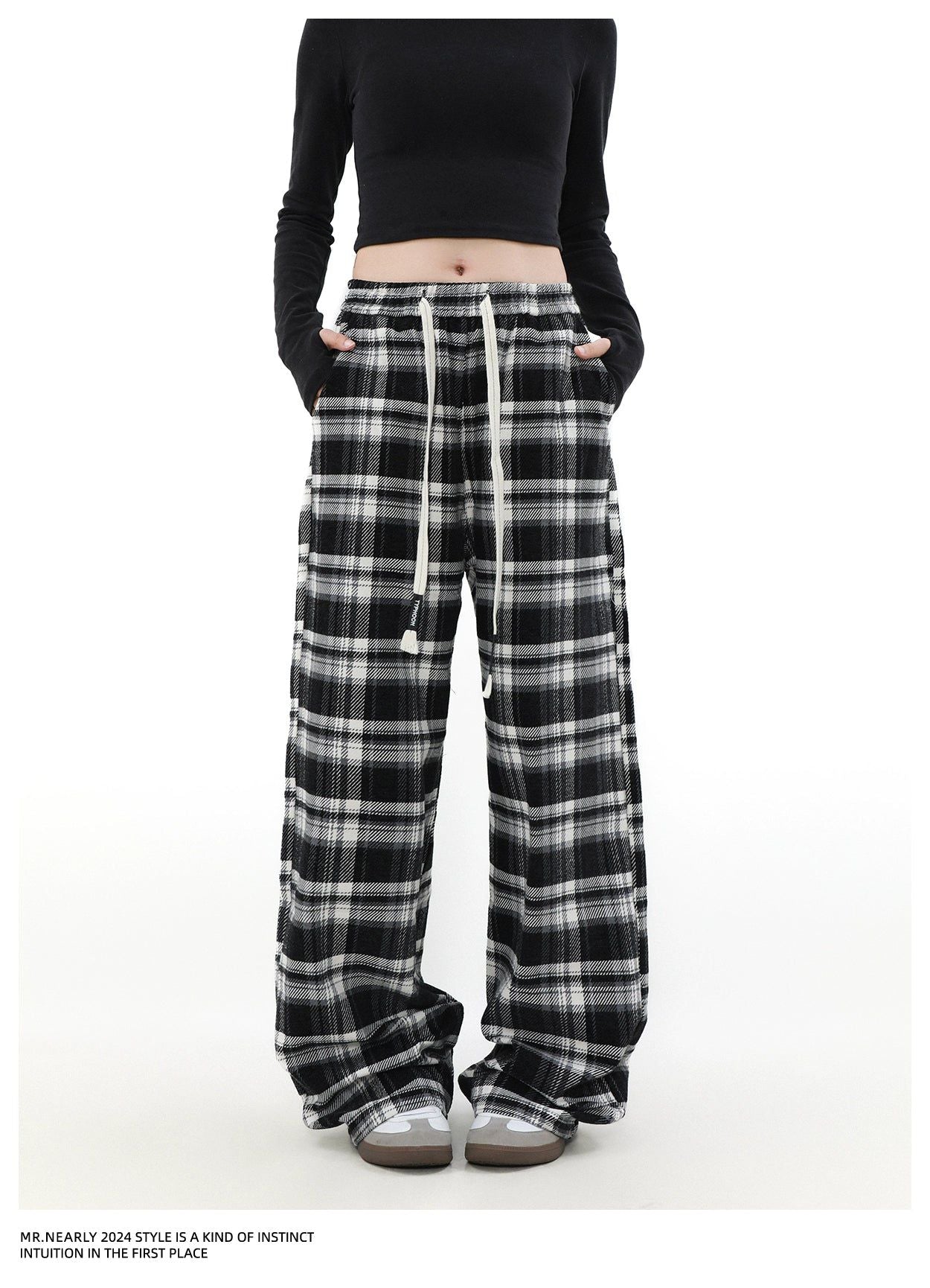 Drawstring Plaid Relax Fit Pants Korean Street Fashion Pants By Mr Nearly Shop Online at OH Vault