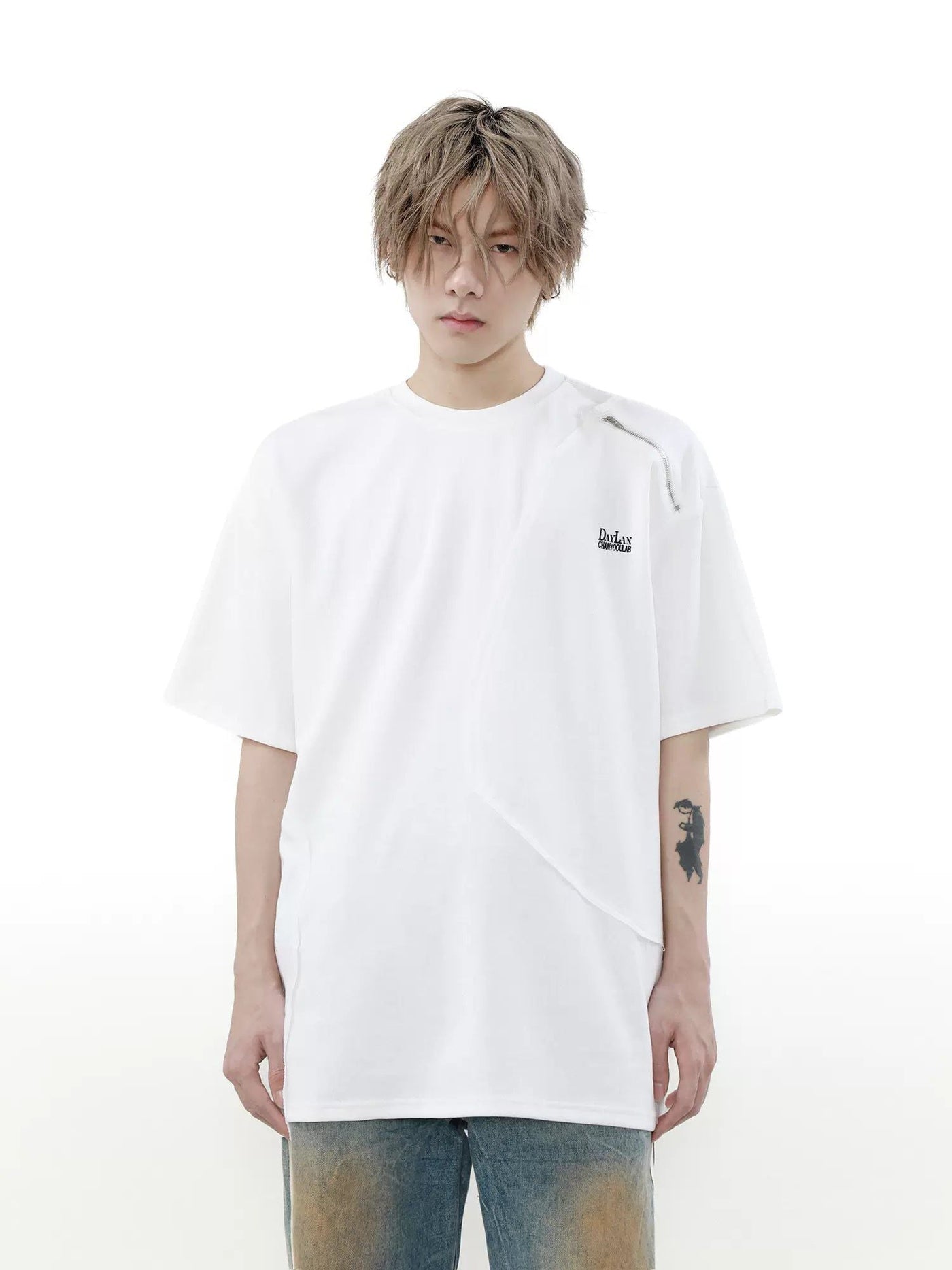 Minimal Shoulder Side Zip T-Shirt Korean Street Fashion T-Shirt By Mr Nearly Shop Online at OH Vault