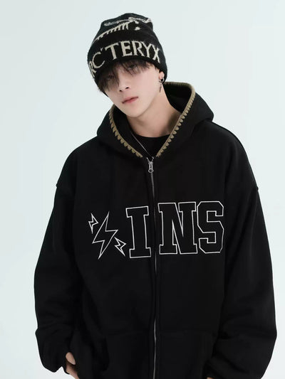 Thunder and Logo Zipped Hoodie Korean Street Fashion Hoodie By INS Korea Shop Online at OH Vault