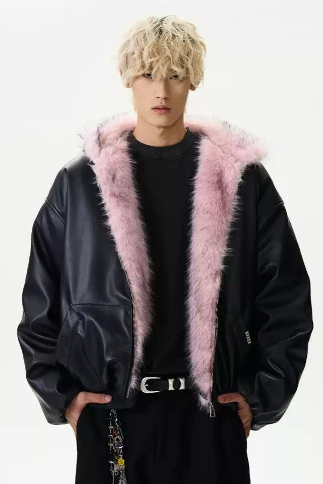 Fur Trimmed PU Leather Jacket Korean Street Fashion Jacket By A PUEE Shop Online at OH Vault