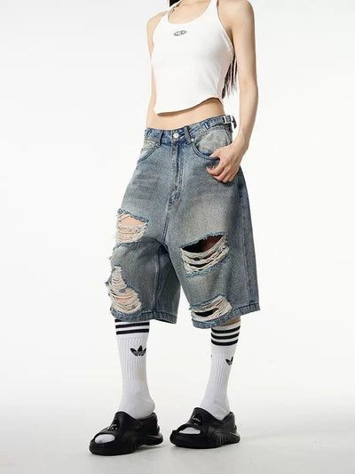 Distressed Knee Denim Shorts Korean Street Fashion Shorts By 77Flight Shop Online at OH Vault