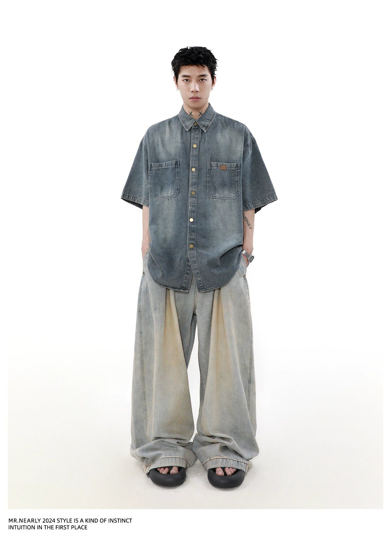 Faded Effect Front Pocket Denim Shirt Korean Street Fashion Shirt By Mr Nearly Shop Online at OH Vault