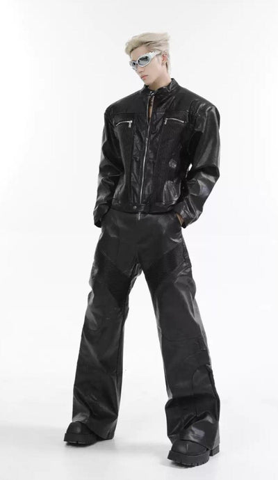 Reconstructed Pleated Spliced PU Leather Jacket & Pants Set Korean Street Fashion Clothing Set By Turn Tide Shop Online at OH Vault