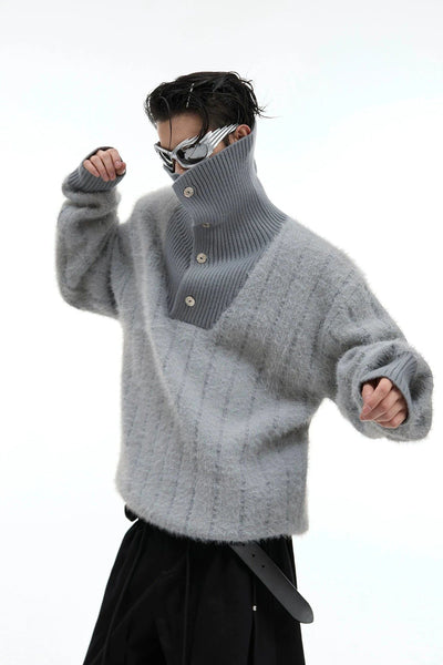 High Collar Fuzzy Ribbed Knit Sweater Korean Street Fashion Sweater By Argue Culture Shop Online at OH Vault