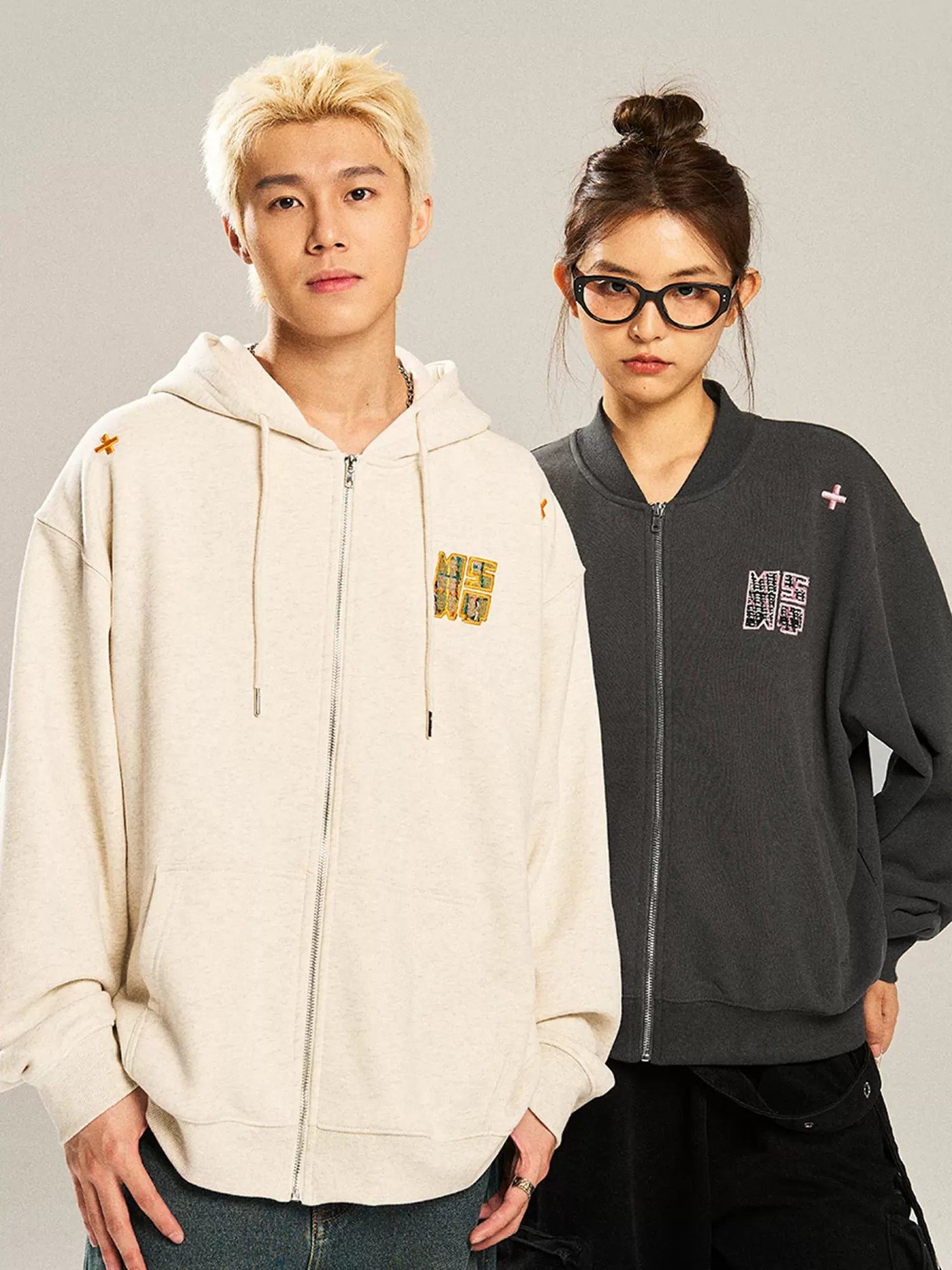 Patched & Embroidered Logo Hooded Jacket & Stand Collar Jacket Set Korean Street Fashion Clothing Set By New Start Shop Online at OH Vault