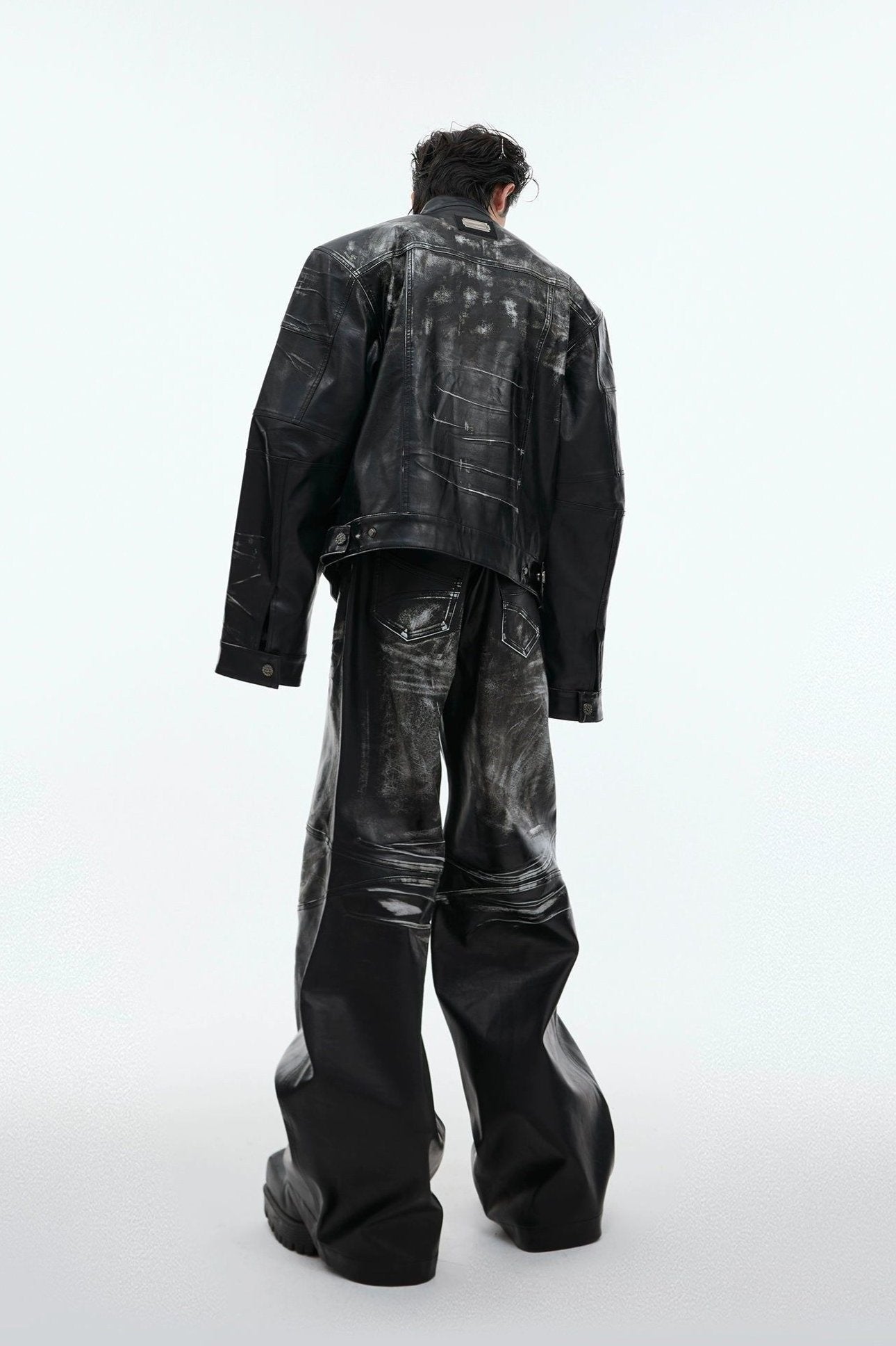 Paint Smudges PU Leather Jacket & Pants Set Korean Street Fashion Clothing Set By Argue Culture Shop Online at OH Vault