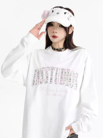 Patched & Embroidered Logo Long Sleeve T-Shirt Korean Street Fashion T-Shirt By INS Korea Shop Online at OH Vault