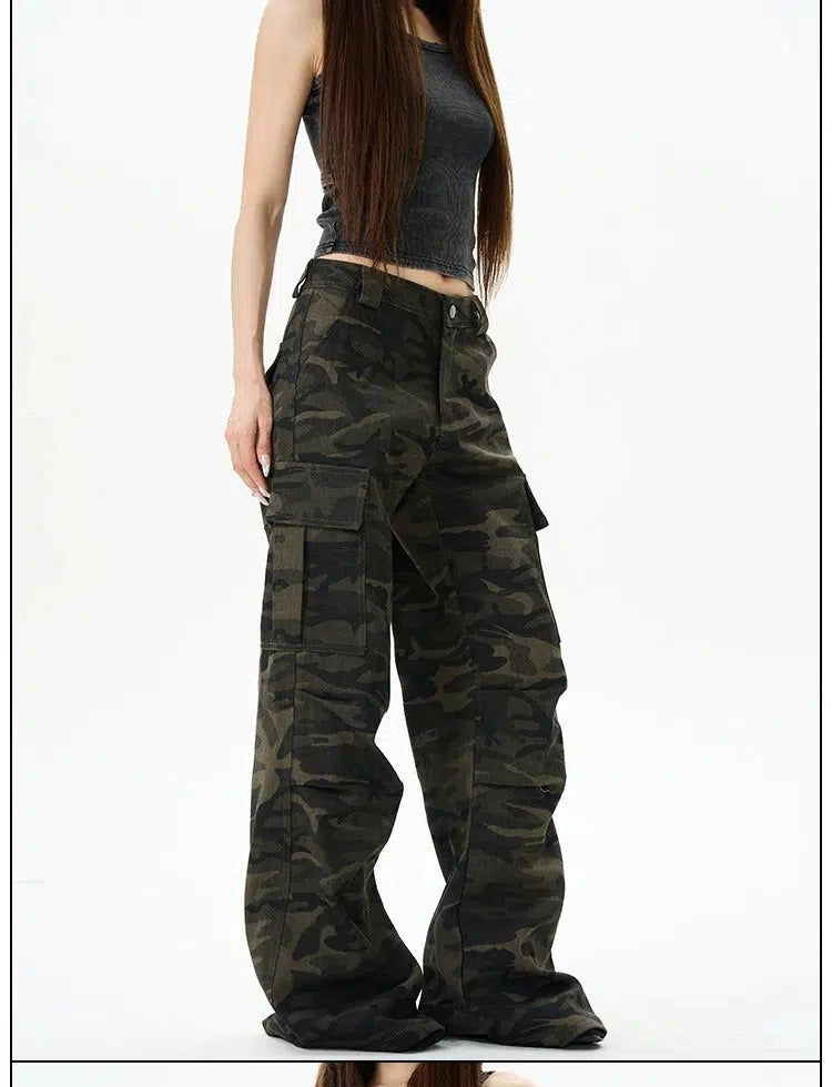 Dark Camouflage Flared Cargo Pants Korean Street Fashion Pants By 77Flight Shop Online at OH Vault