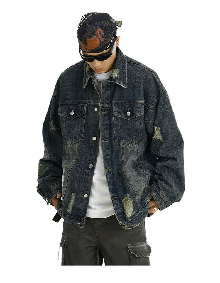 Flap Pocket Fade Ripped Denim Jacket Korean Street Fashion Jacket By MEBXX Shop Online at OH Vault