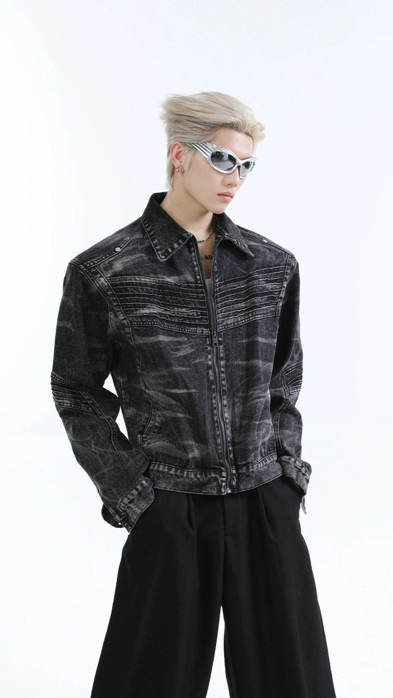 Washed Wave Lines Denim Jacket Korean Street Fashion Jacket By Turn Tide Shop Online at OH Vault