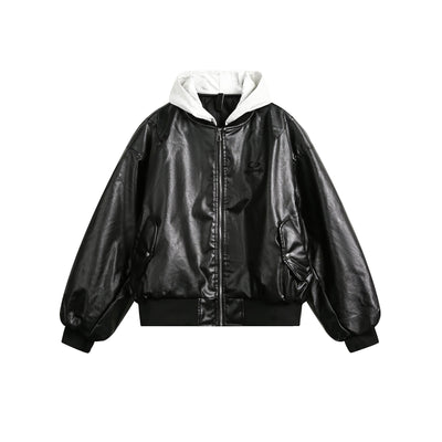 Spliced Hood Bomber Leather Jacket Korean Street Fashion Jacket By MaxDstr Shop Online at OH Vault