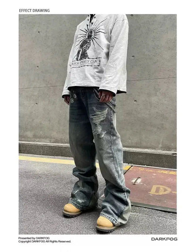 Ring Buckle Ripped Flared Jeans Korean Street Fashion Jeans By Dark Fog Shop Online at OH Vault