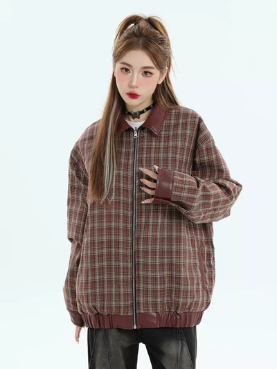 Plaid Reversible PU Leather Jacket Korean Street Fashion Jacket By INS Korea Shop Online at OH Vault