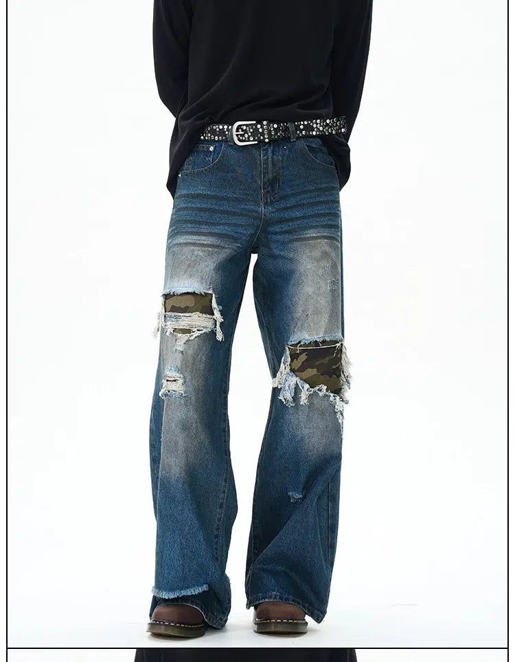 Distressed Camo Patched Jeans Korean Street Fashion Jeans By 77Flight Shop Online at OH Vault