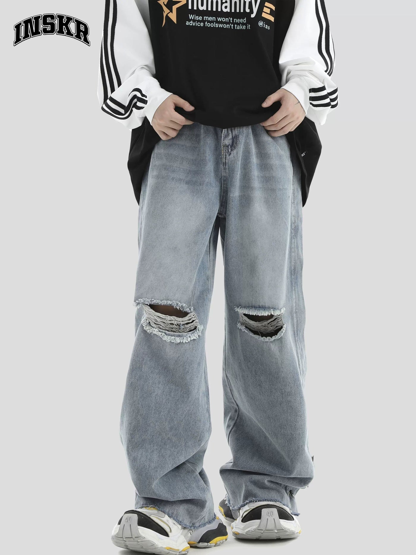 Ripped Knee Detail Jeans Korean Street Fashion Jeans By INS Korea Shop Online at OH Vault