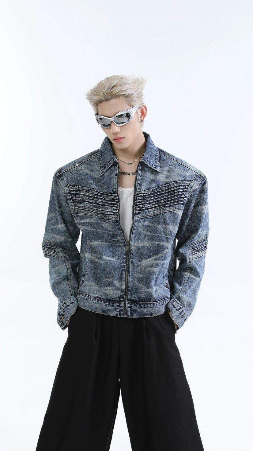 Washed Wave Lines Denim Jacket Korean Street Fashion Jacket By Turn Tide Shop Online at OH Vault