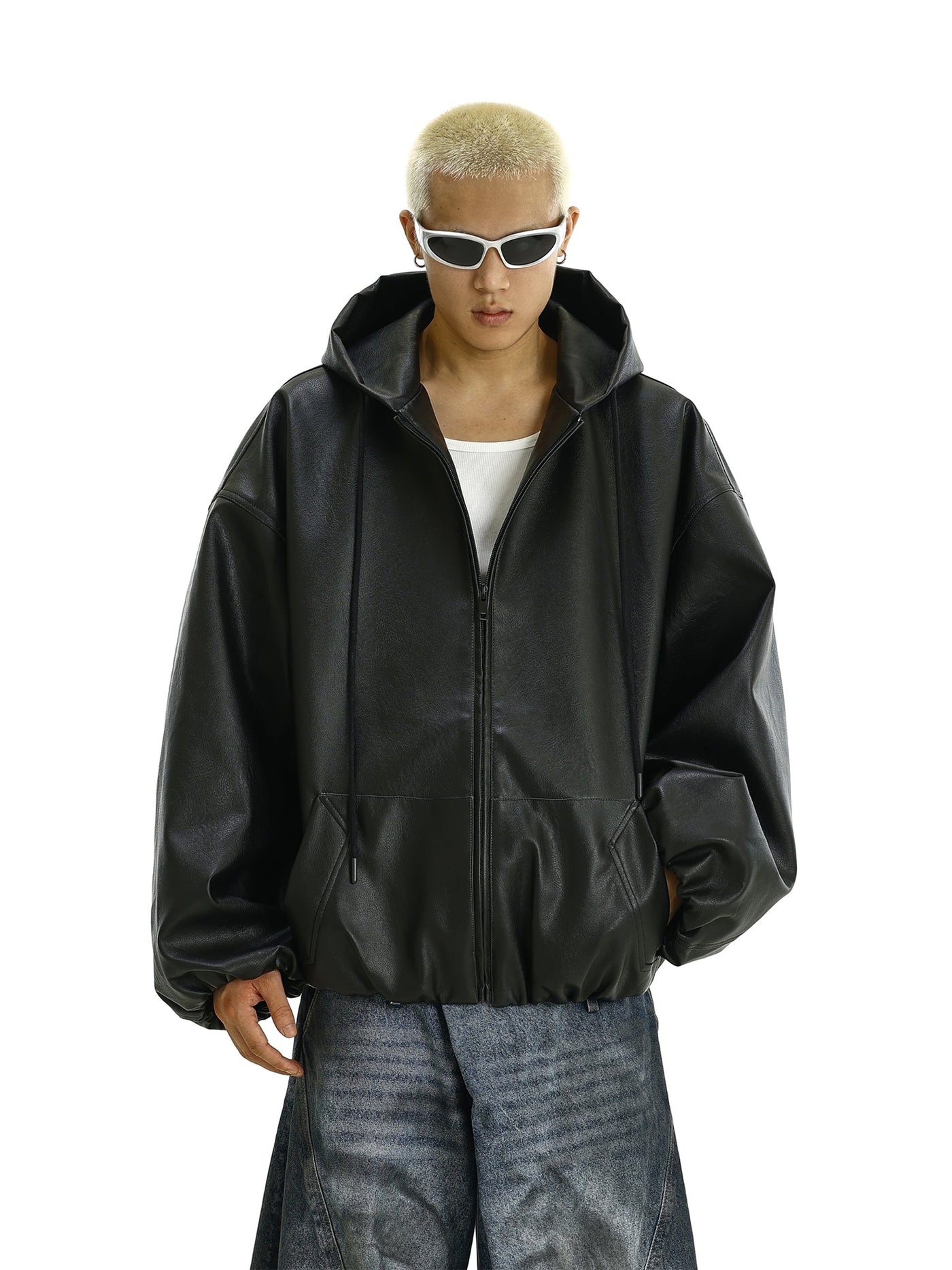 Solid Hooded PU Leather Jacket Korean Street Fashion Jacket By MEBXX Shop Online at OH Vault