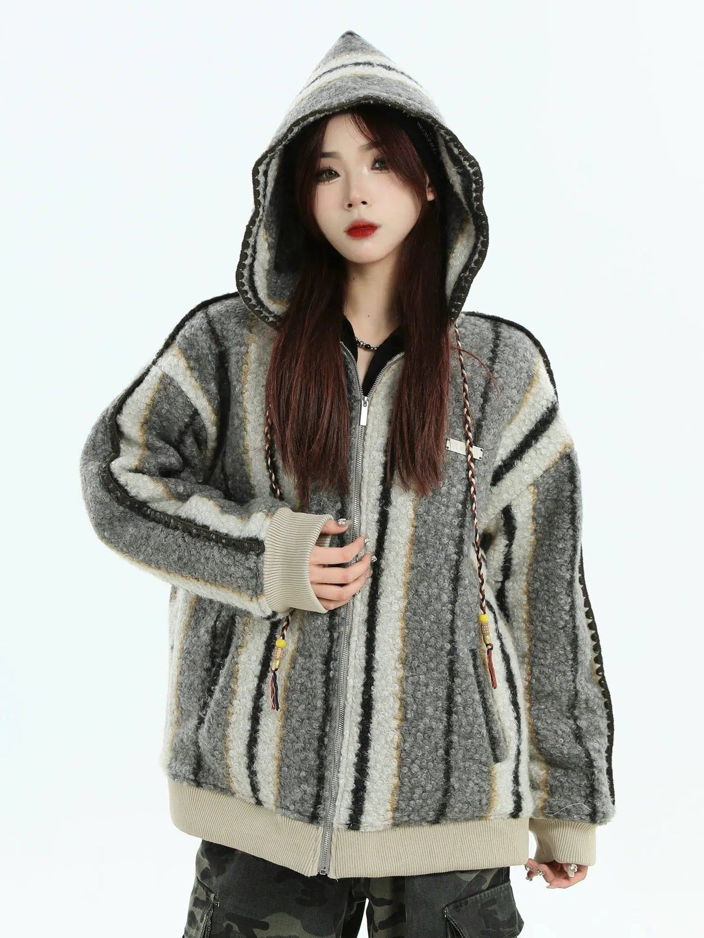 Fuzzy Striped String Detail Zip-Up Hoodie Korean Street Fashion Hoodie By INS Korea Shop Online at OH Vault