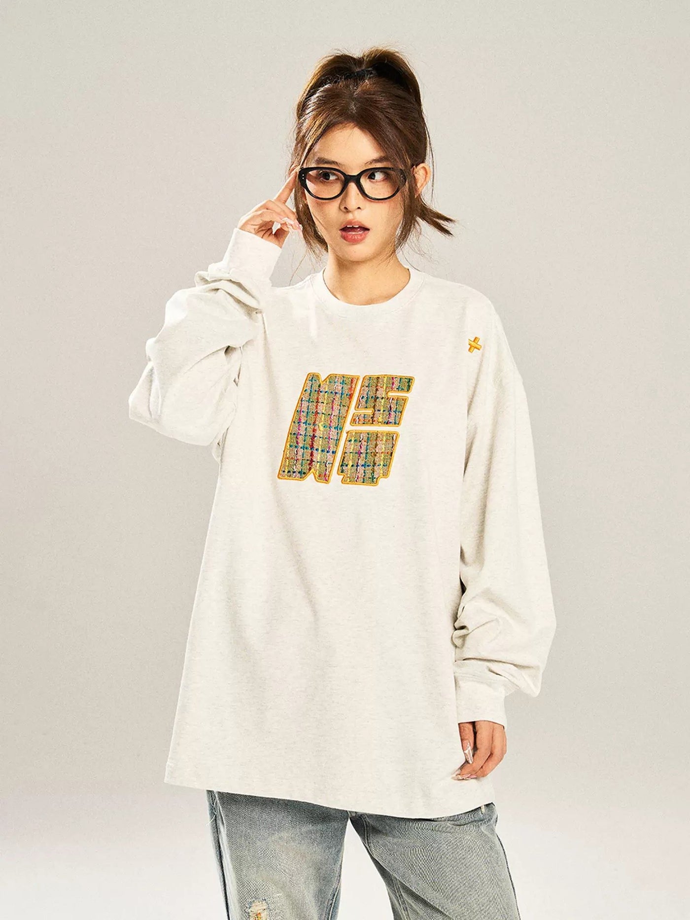 Stitched Pattern Detail Crewneck Korean Street Fashion Crewneck By New Start Shop Online at OH Vault