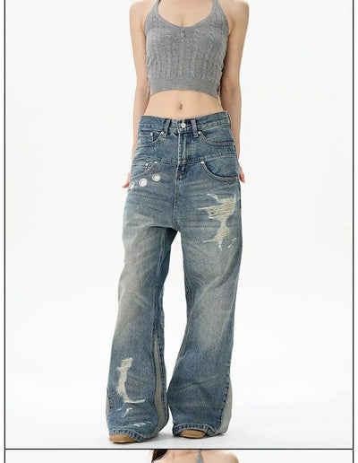 Washed Double-Waist Ripped Jeans Korean Street Fashion Jeans By 77Flight Shop Online at OH Vault