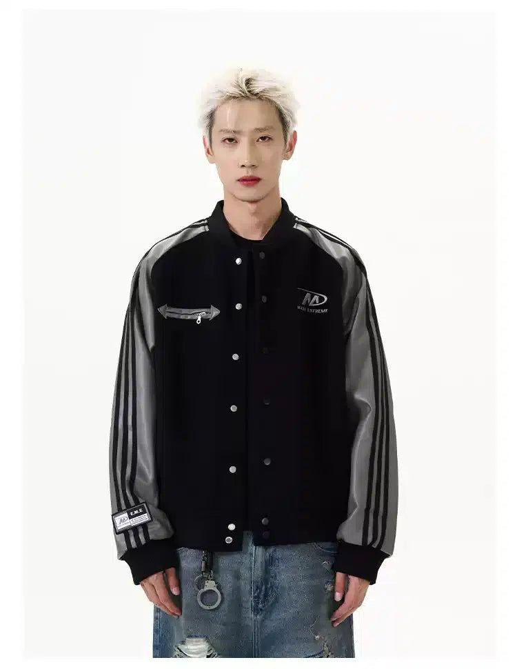 Sports PU Leather Sleeve Varsity Jacket Korean Street Fashion Jacket By A PUEE Shop Online at OH Vault