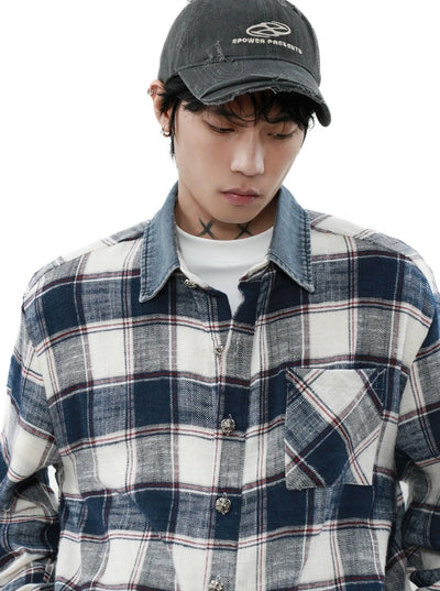 Denim Collar Plaid Shirt Korean Street Fashion Shirt By Mr Nearly Shop Online at OH Vault