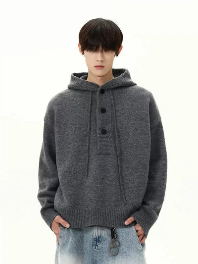 Half-Buttons Cozy Fit Knit Hoodie Korean Street Fashion Hoodie By A PUEE Shop Online at OH Vault