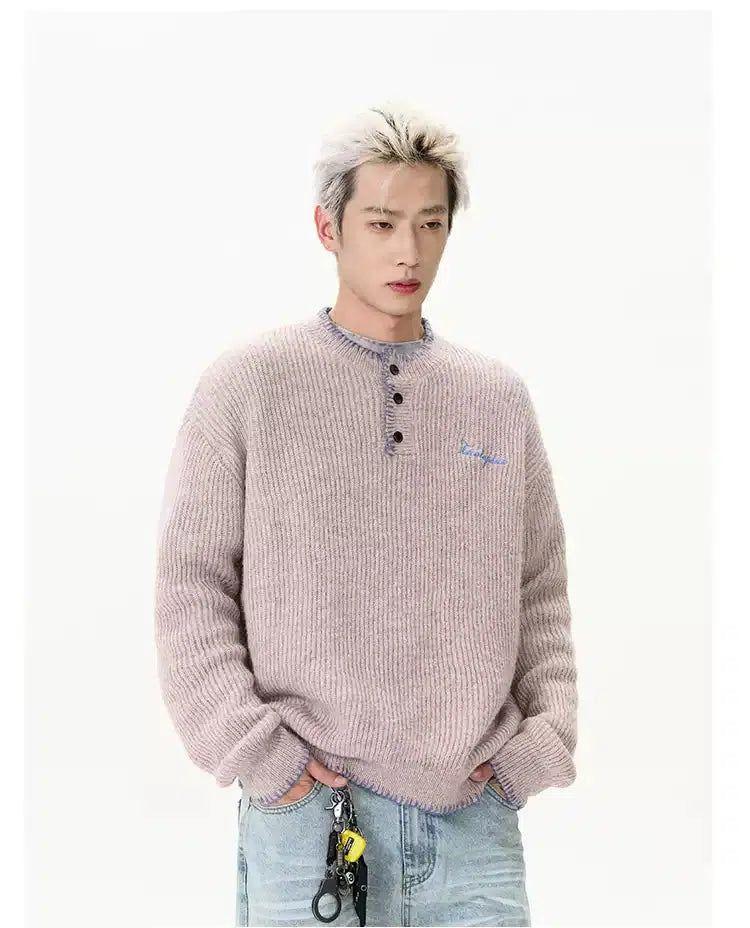 Contrast Collar Buttoned Sweater Korean Street Fashion Sweater By A PUEE Shop Online at OH Vault