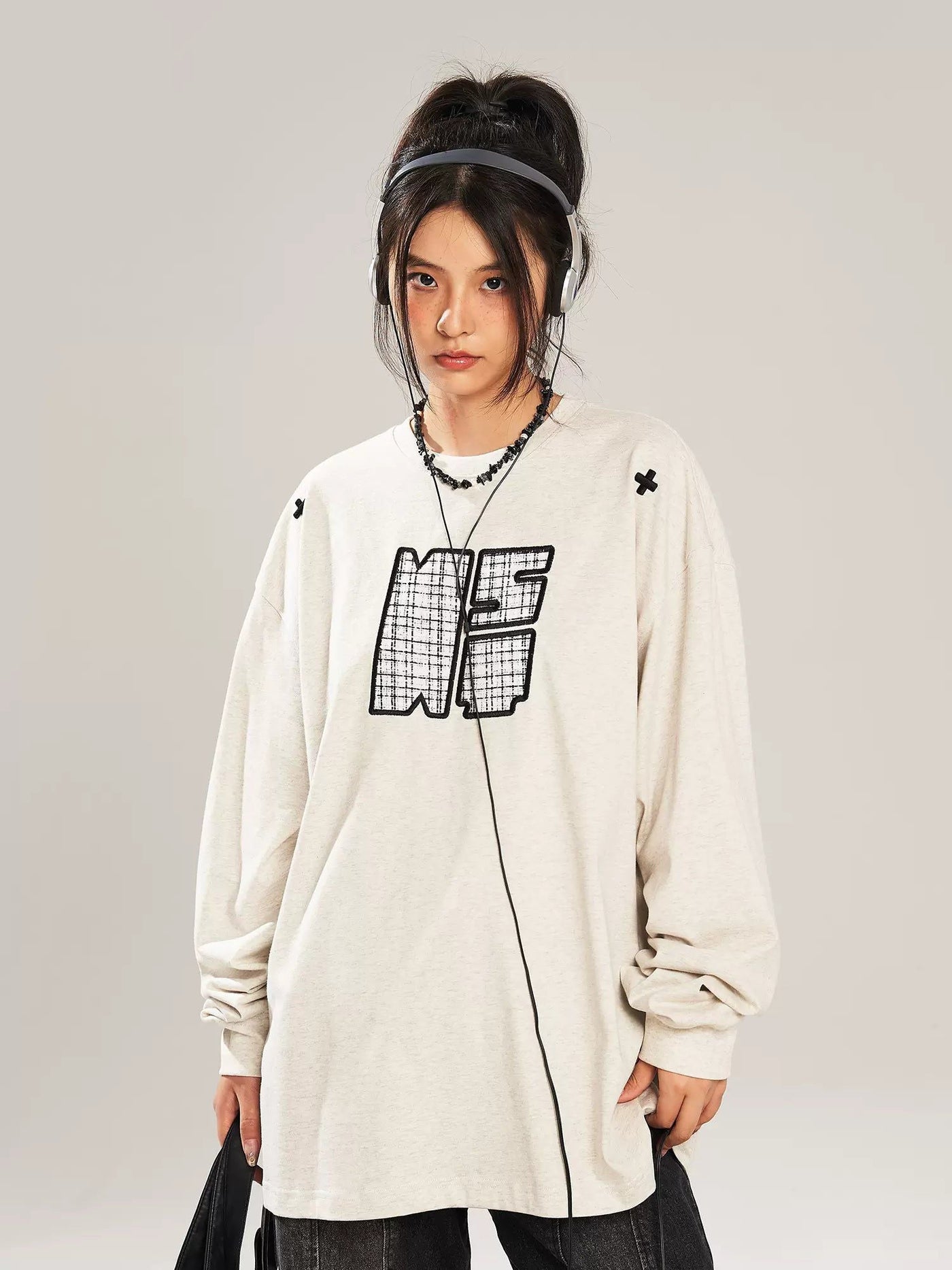 Plaid Stitch Logo Crewneck Korean Street Fashion Crewneck By New Start Shop Online at OH Vault