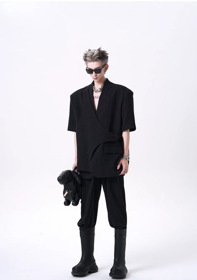 Buttoned Layered Blazer & Pleated Trousers Set Korean Street Fashion Clothing Set By Slim Black Shop Online at OH Vault