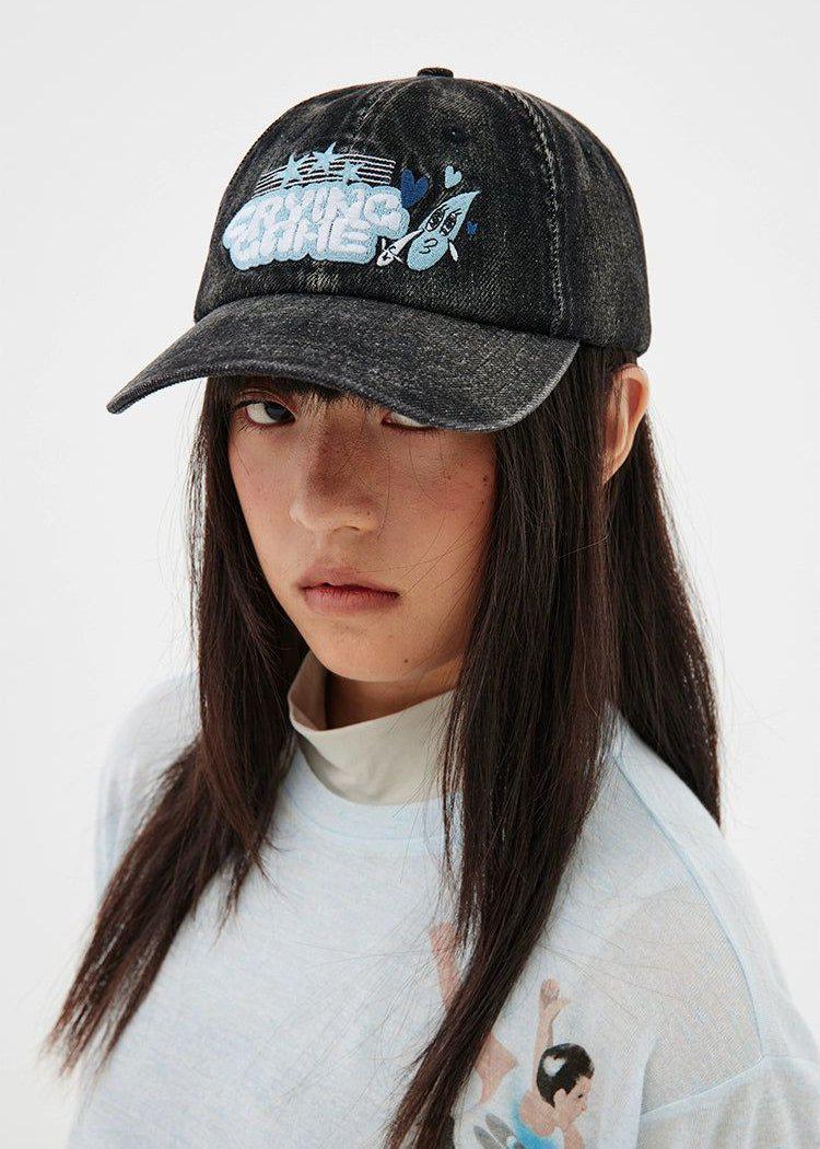 Stitched Graphic Washed Denim Hat Korean Street Fashion Hat By Crying Center Shop Online at OH Vault