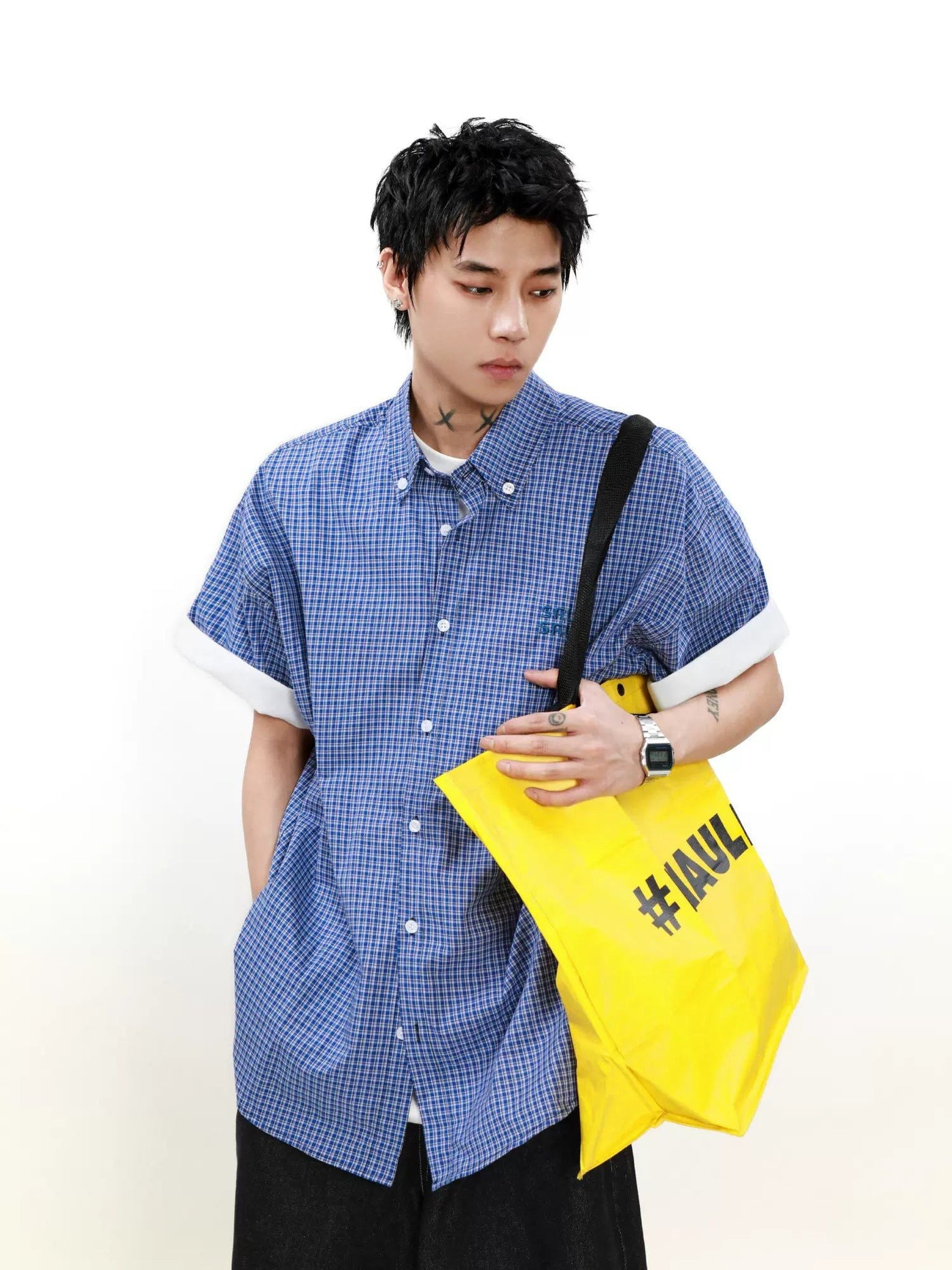 Folded Sleeve Grid Shirt Korean Street Fashion Shirt By Mr Nearly Shop Online at OH Vault