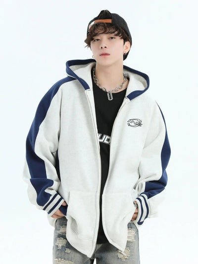 Contrast Logo Patched Zip-Up Hoodie Korean Street Fashion Hoodie By INS Korea Shop Online at OH Vault