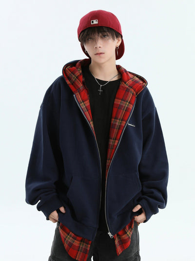 Plaid Layer Zipped Hoodie Korean Street Fashion Hoodie By INS Korea Shop Online at OH Vault