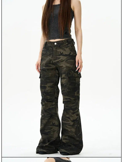 Dark Camouflage Flared Cargo Pants Korean Street Fashion Pants By 77Flight Shop Online at OH Vault