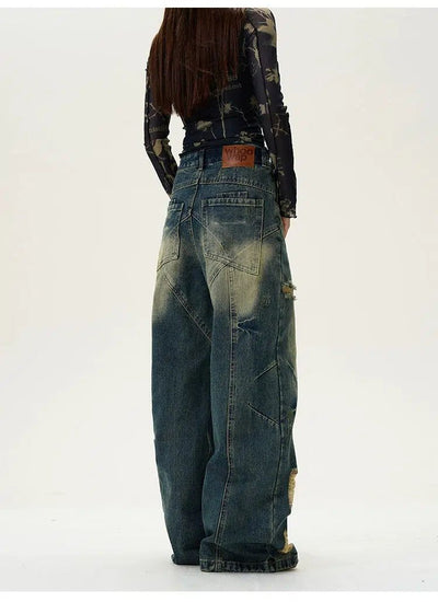 Faded Effect Wide Ripped Jeans Korean Street Fashion Jeans By 77Flight Shop Online at OH Vault