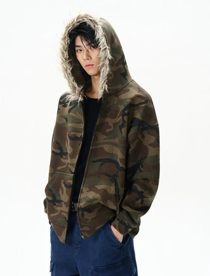 Camo Fur Collar Zip-Up Hoodie Korean Street Fashion Hoodie By 77Flight Shop Online at OH Vault