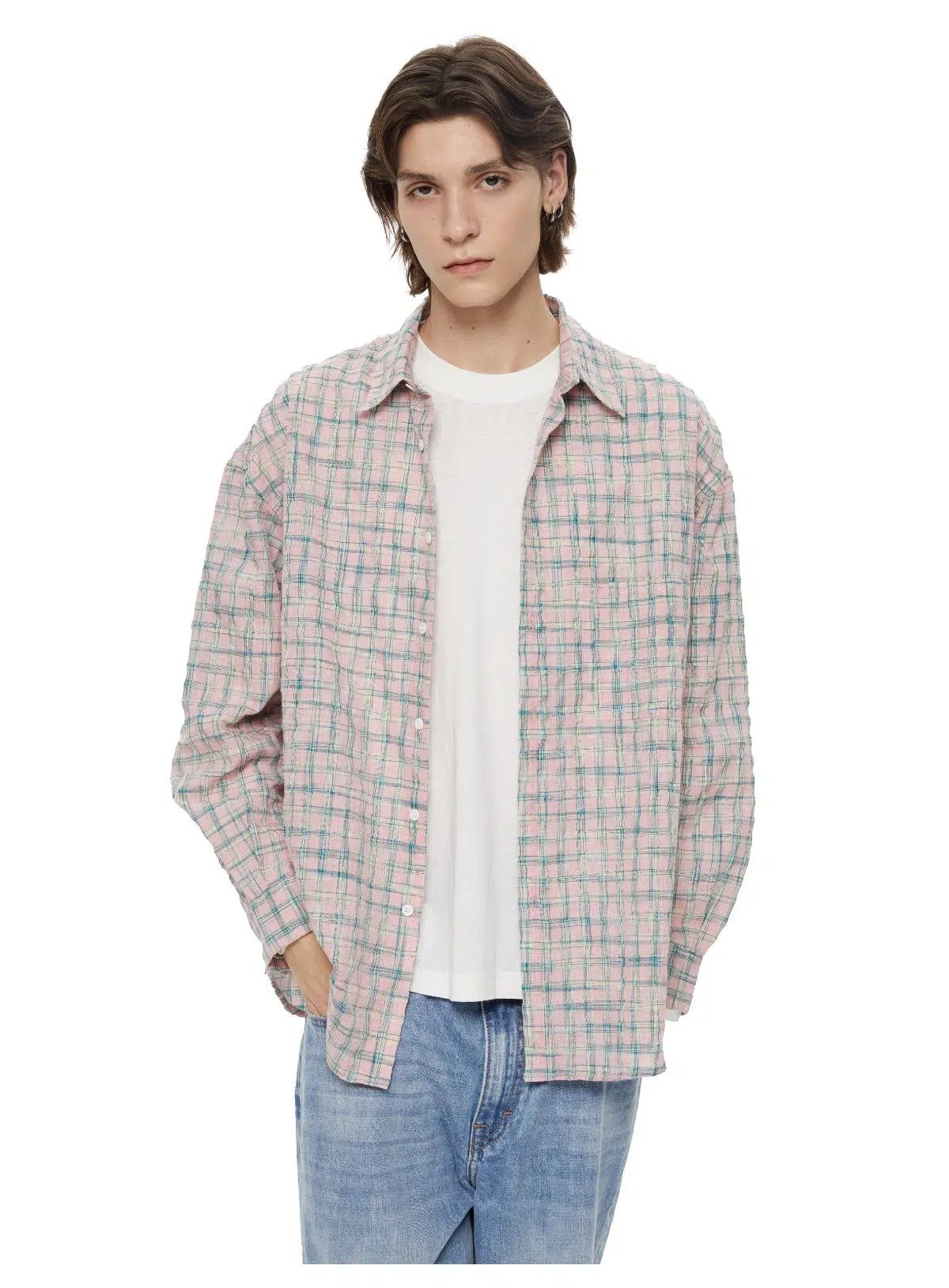 Textured Plaid Long Sleeve Shirt Korean Street Fashion Shirt By WASSUP Shop Online at OH Vault