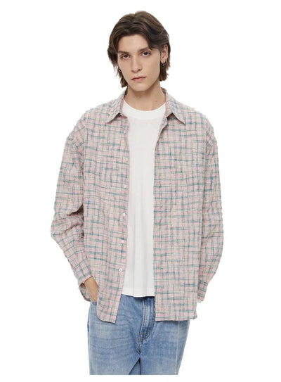 Textured Plaid Long Sleeve Shirt Korean Street Fashion Shirt By WASSUP Shop Online at OH Vault