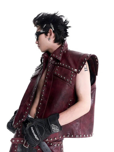 Structured Metal Rivet PU Leather Vest & Spliced Pants Set Korean Street Fashion Clothing Set By Slim Black Shop Online at OH Vault