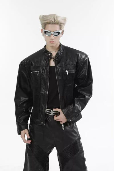 Reconstructed Pleated Spliced PU Leather Jacket & Pants Set Korean Street Fashion Clothing Set By Turn Tide Shop Online at OH Vault