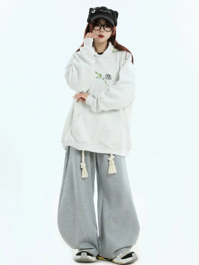 Logo & Rose Embroidery Hoodie Korean Street Fashion Hoodie By INS Korea Shop Online at OH Vault