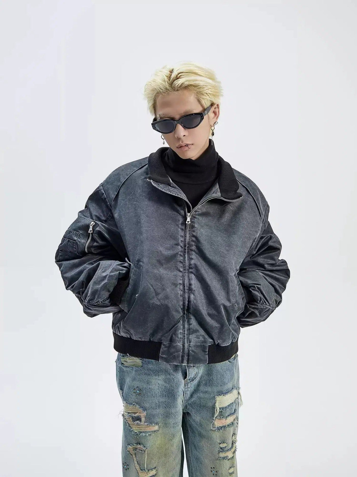 Distressed Washed Short Bomber Jacket Korean Street Fashion Jacket By Ash Dark Shop Online at OH Vault