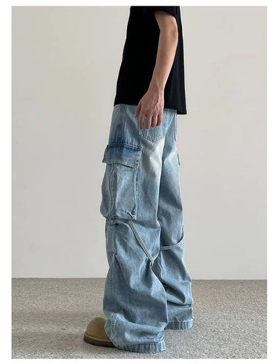 Strappy Pleated Cargo Jeans Korean Street Fashion Jeans By A PUEE Shop Online at OH Vault